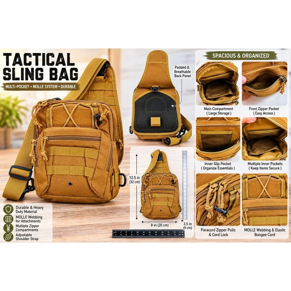 Khaki Tactical Sling Bag Canvas MOLLE Shoulder Pack Crossbody Messenger Tan